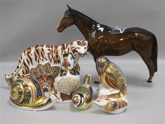 Six Royal Crown Derby paperweights and a Beswick bay horse,